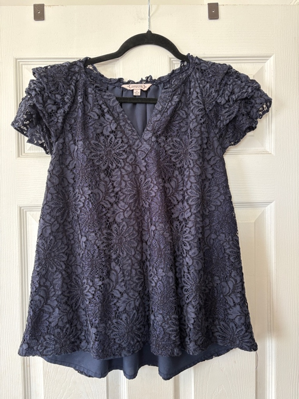 Nanette Lepore Navy Floral Babydoll Lace V-Neck Short Sleeve Blouse
